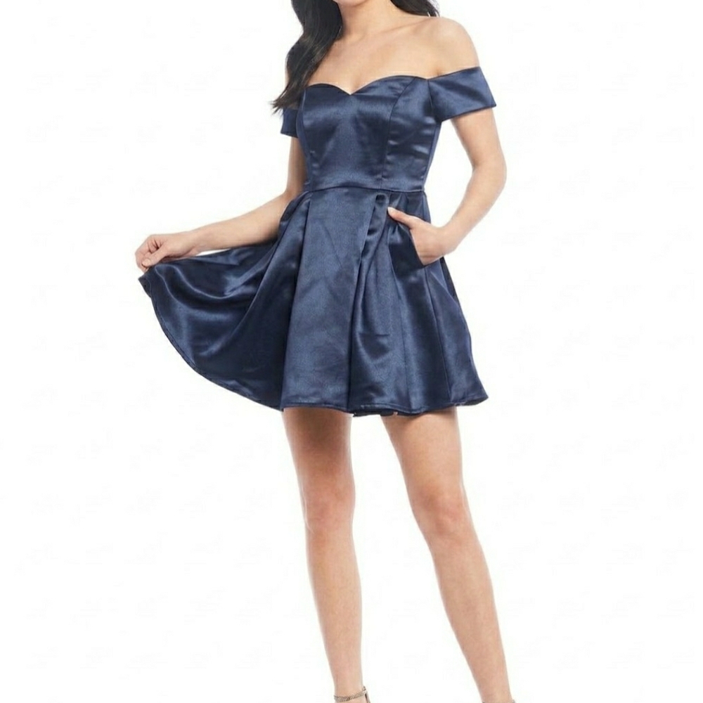B Darlin Navy Satin Off theShoulder Fit Flare Mini Dress with Pockets Size 11/12
